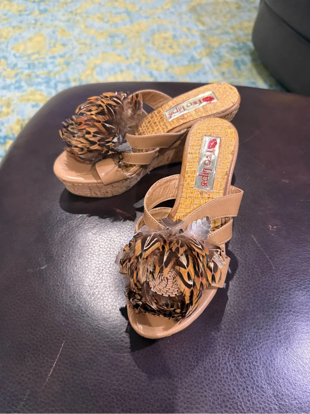 Two Lips Tan Cork Feather Wedge Sandals